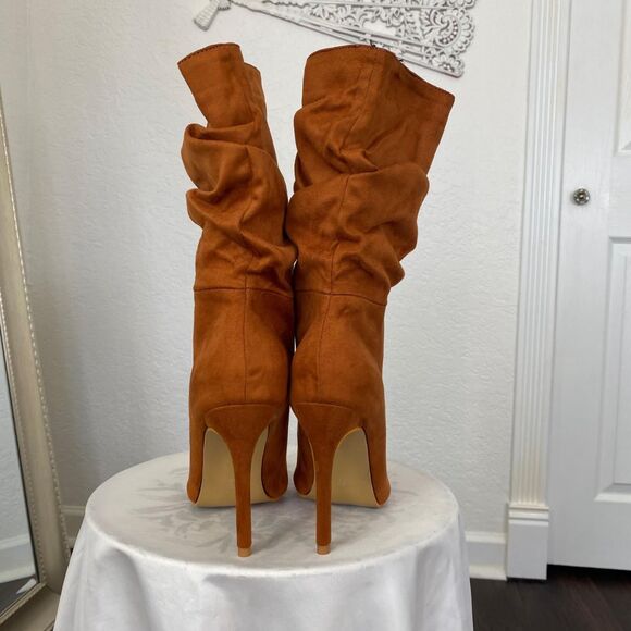90s Style Slouchy Brown Faux Suede Stiletto High Heel Pointy Boots US 8.5 EU 39 - Picture 4 of 8